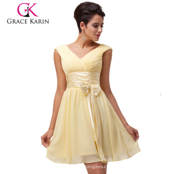 Grace Karin Neue V-Ausschnitt knielangen Chiffon gelb Brautjungfer Kleid CL6048